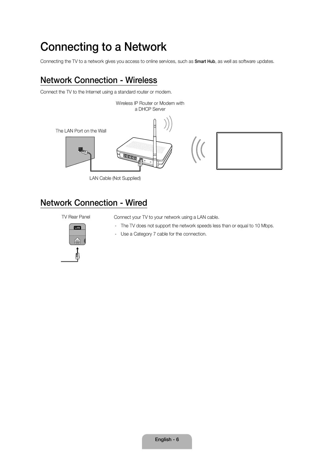 Samsung UA43J5500ARXUM, UA40J5500ARXSK manual Connecting to a Network, Network Connection Wireless, Network Connection Wired 