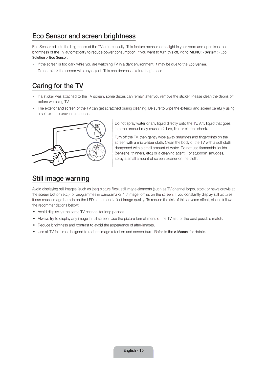 Samsung UA60J6200AWXSQ, UA40J6200AKXXV manual Eco Sensor and screen brightness, Caring for the TV, Still image warning 