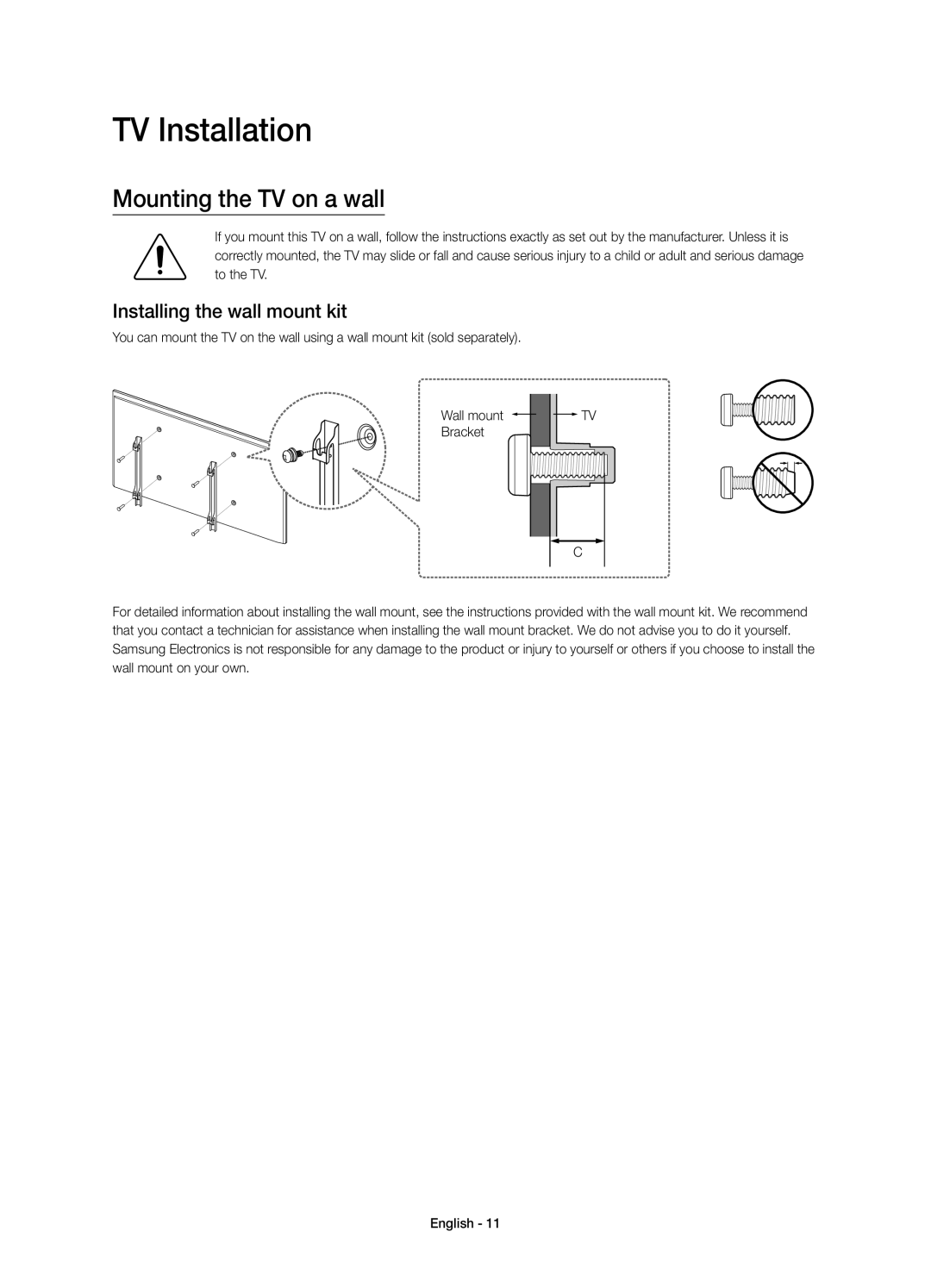 Samsung UA40J6200AWXSQ, UA40J6200AKXXV manual TV Installation, Mounting the TV on a wall, Installing the wall mount kit 