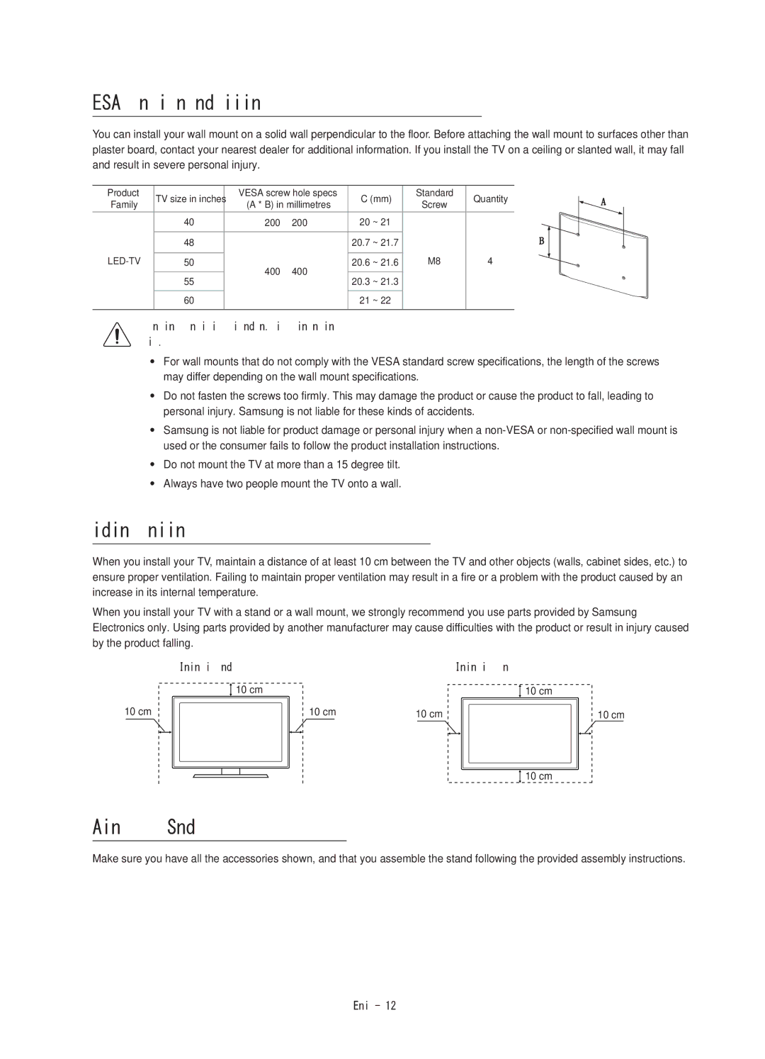 Samsung UA40J6200AKXXV manual Vesa wall mount kit notes and specifications, Providing proper ventilation for your TV 