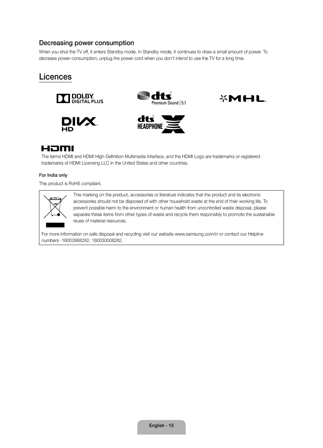 Samsung UA55J6200AKXXV, UA40J6200AKXXV, UA48J6200AKXXV, UA60J6200AKXXV, UA60J6200AWXSQ Licences, Decreasing power consumption 