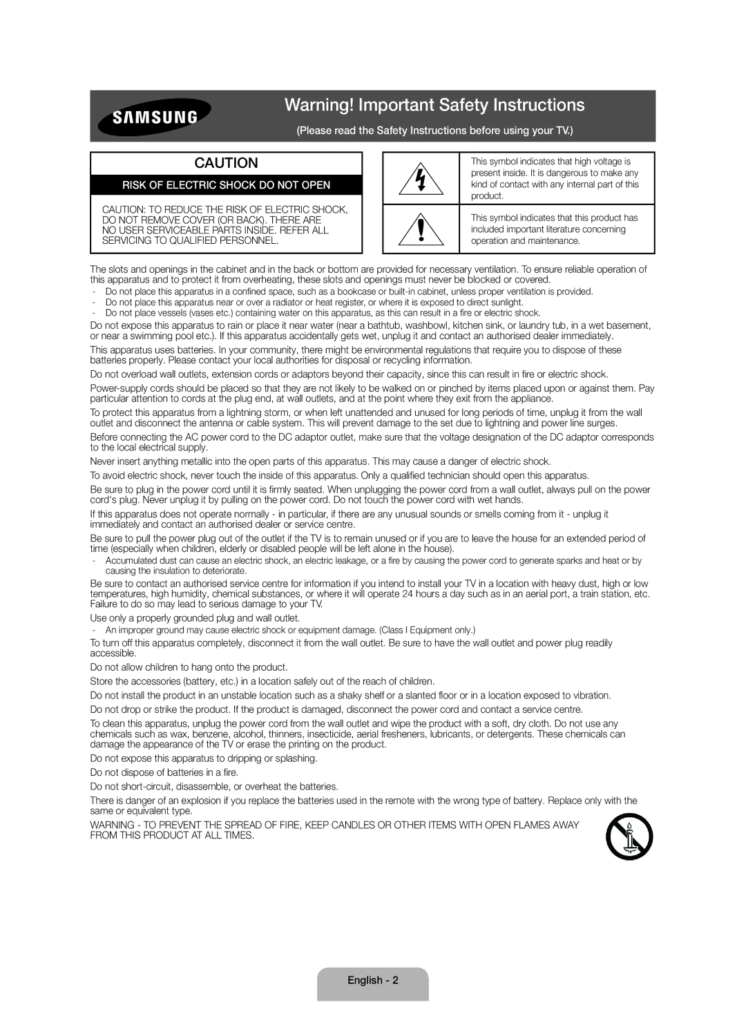 Samsung UA60J6200AKXXV, UA40J6200AKXXV, UA48J6200AKXXV, UA55J6200AKXXV, UA60J6200AWXSQ Risk of Electric Shock do not Open 