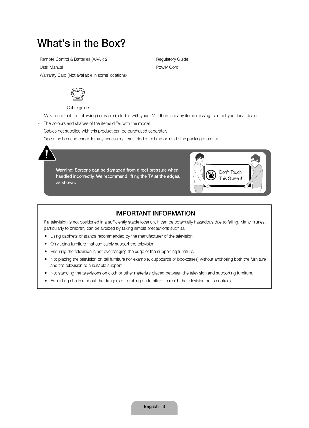 Samsung UA55J6200AKXXV, UA40J6200AKXXV, UA48J6200AKXXV, UA60J6200AKXXV manual Whats in the Box?, Important Information 