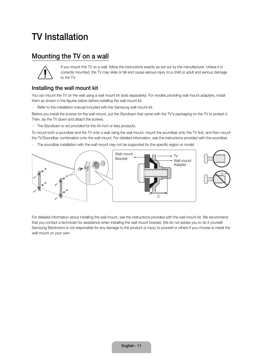 Samsung UA55J6300AWXSQ, UA40J6300AKXXV manual TV Installation, Mounting the TV on a wall, Installing the wall mount kit 