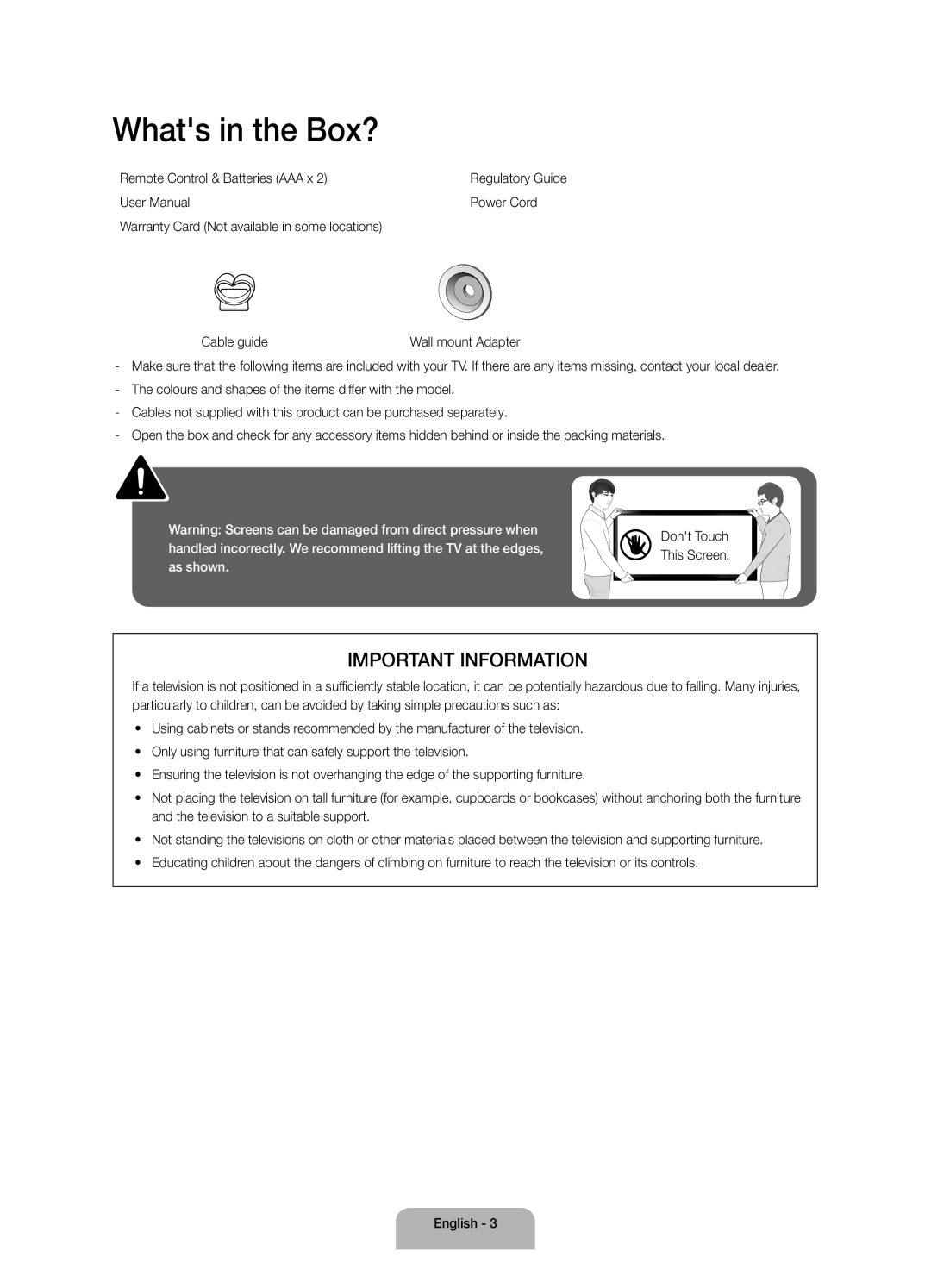 Samsung UA48J6300AKXXV, UA40J6300AKXXV, UA32J6300AKXXV, UA55J6300AKXXV manual Whats in the Box?, Important Information 