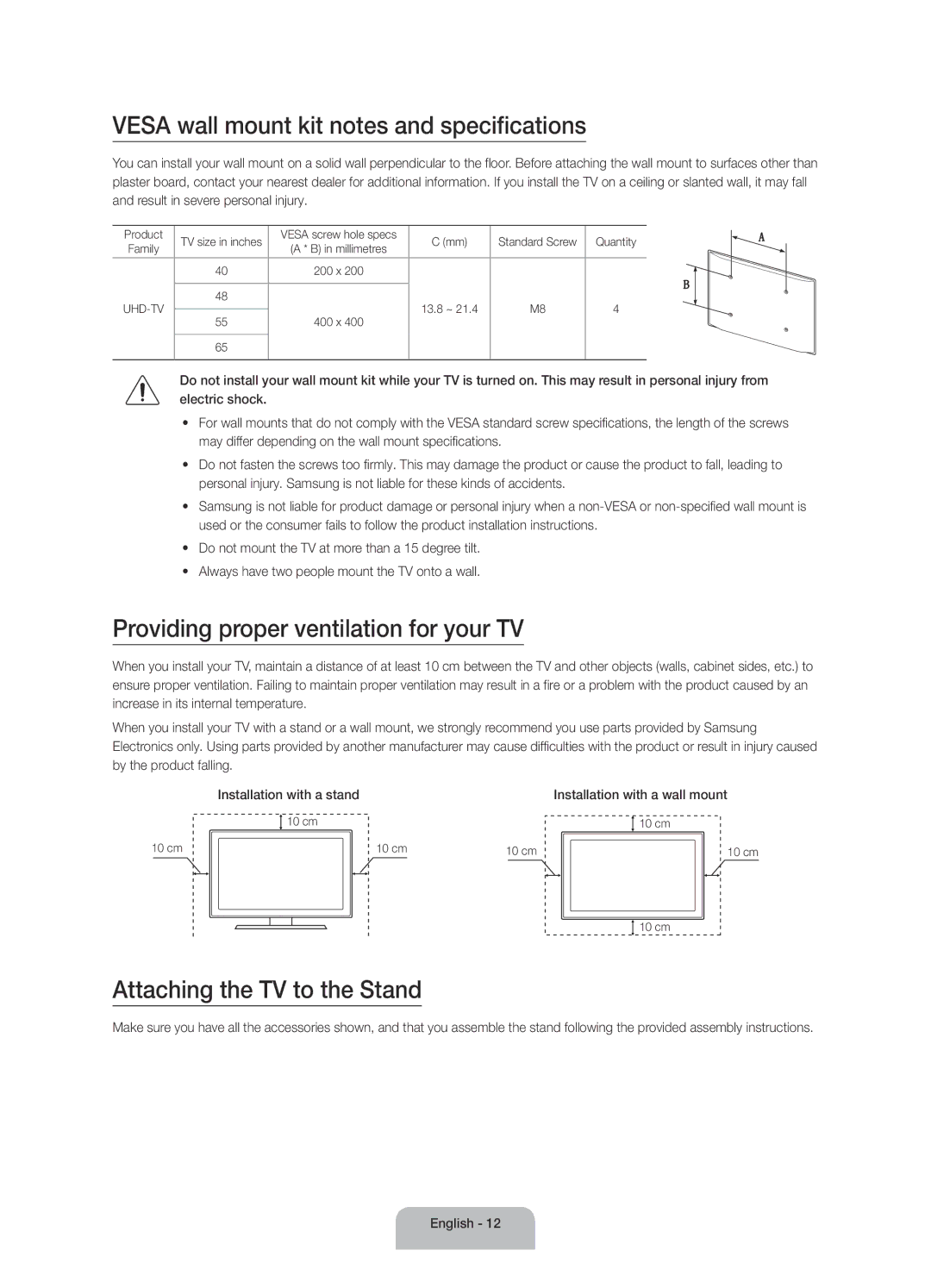 Samsung UA65JU6000KXXV manual Vesa wall mount kit notes and specifications, Providing proper ventilation for your TV 