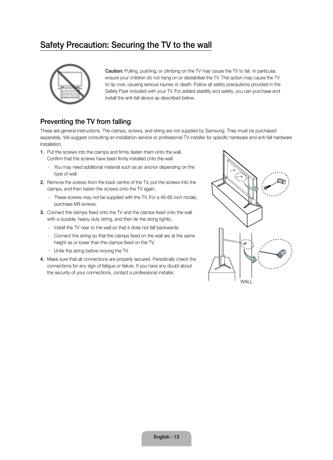 Samsung UA48JU6000KXSQ, UA40JU6000KXXV manual Safety Precaution Securing the TV to the wall, Preventing the TV from falling 