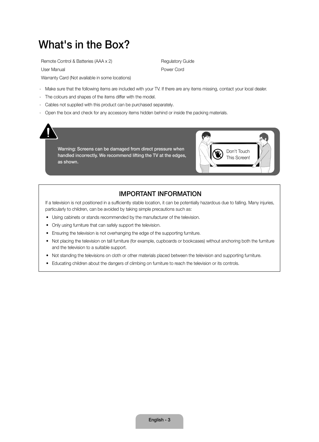 Samsung UA65JU6000KXXV, UA40JU6000KXXV, UA55JU6000KXXV, UA48JU6000KXXV manual Whats in the Box?, Important Information 