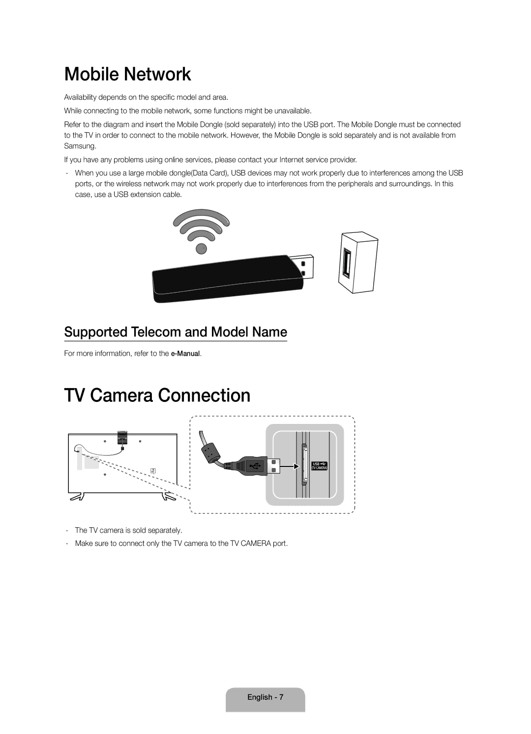 Samsung UA55JU6000KXSQ, UA40JU6000KXXV manual Mobile Network, TV Camera Connection, Supported Telecom and Model Name 