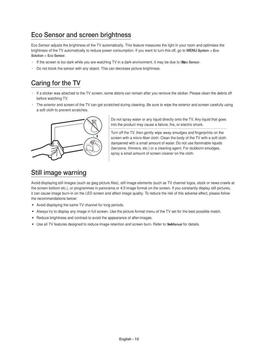 Samsung UA48JU6400KXXV, UA40JU6400KXXV manual Eco Sensor and screen brightness, Caring for the TV, Still image warning 