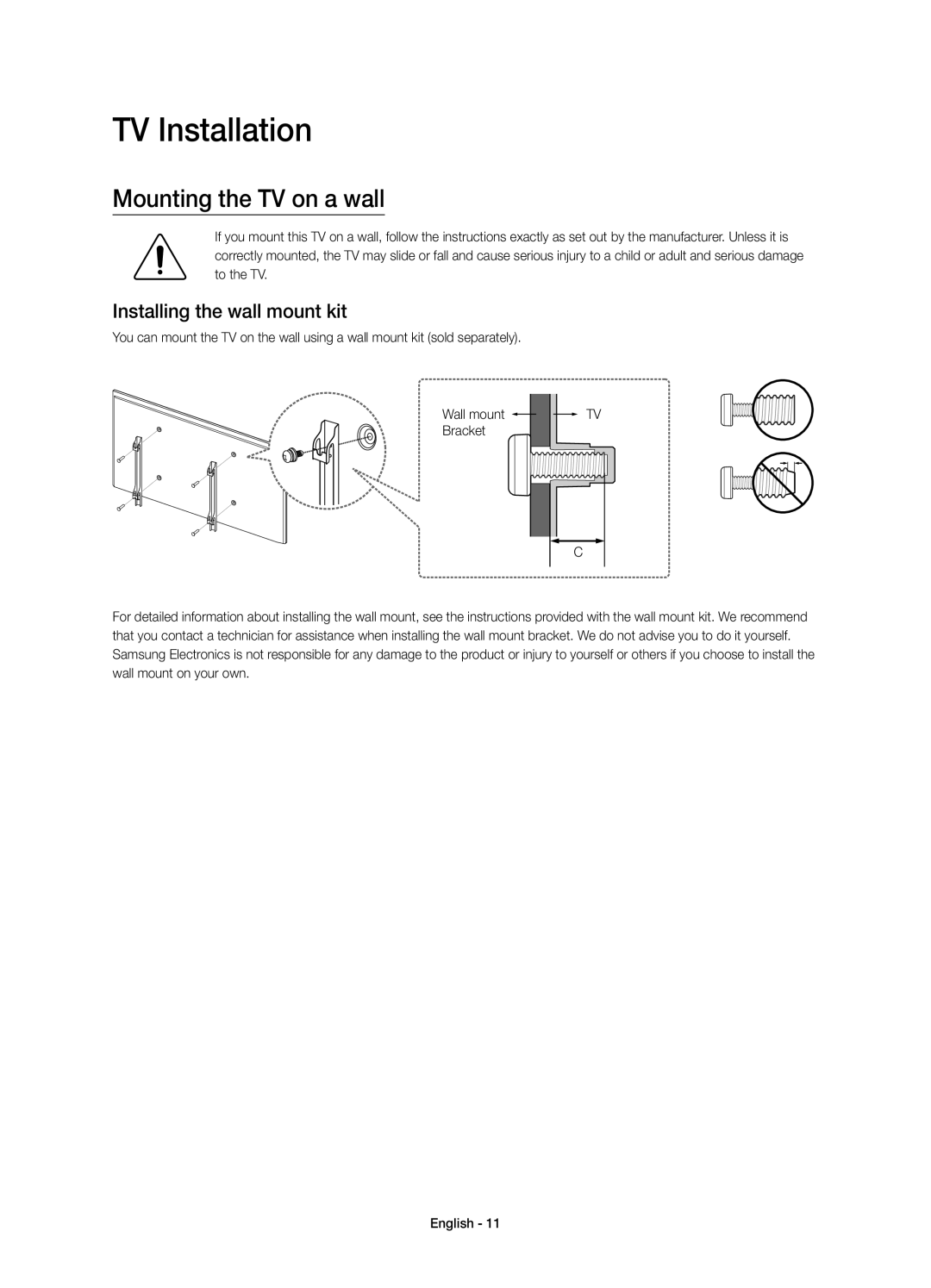 Samsung UA55JU6400KXXV, UA40JU6400KXXV manual TV Installation, Mounting the TV on a wall, Installing the wall mount kit 