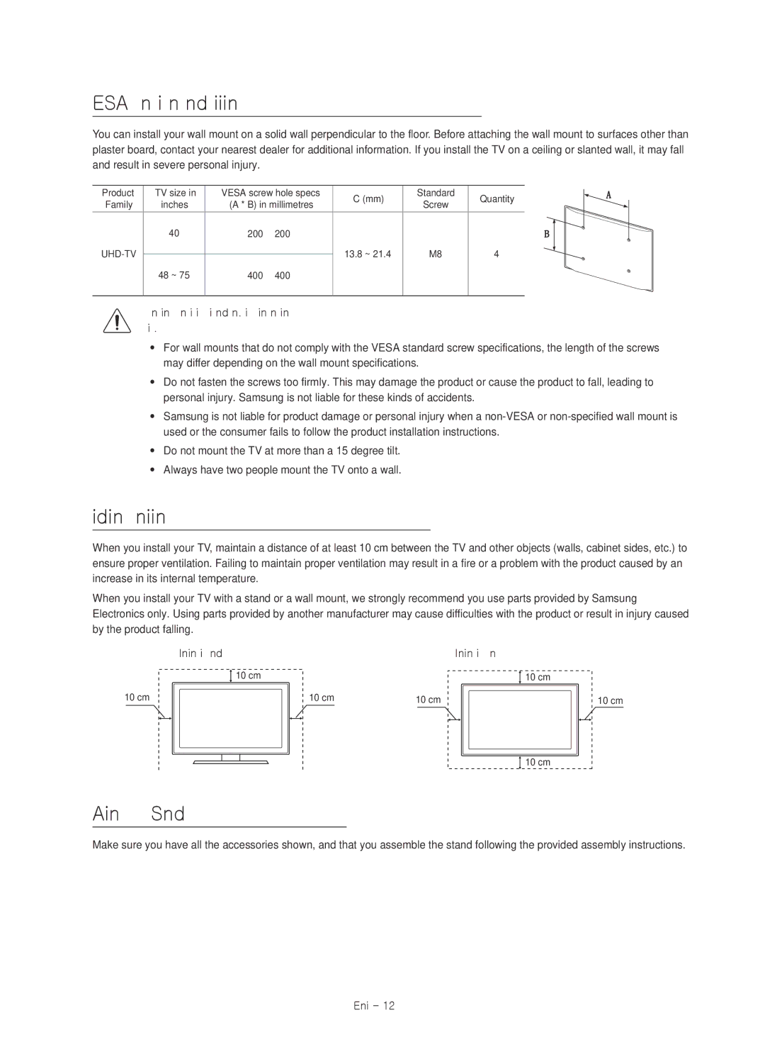 Samsung UA75JU6400KXXV manual Vesa wall mount kit notes and specifications, Providing proper ventilation for your TV 