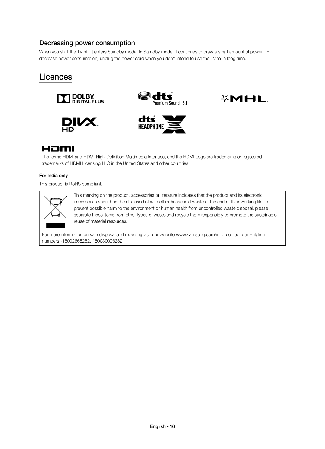 Samsung UA50JU6400KXSQ, UA40JU6400KXXV, UA48JU6400KXXV, UA55JU6400KXXV, UA75JU6400KXXV Licences, Decreasing power consumption 