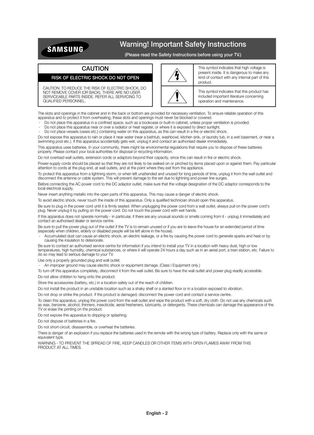 Samsung UA55JU6400KXXV, UA40JU6400KXXV, UA48JU6400KXXV, UA75JU6400KXXV, UA60JU6400KXXV Risk of Electric Shock do not Open 