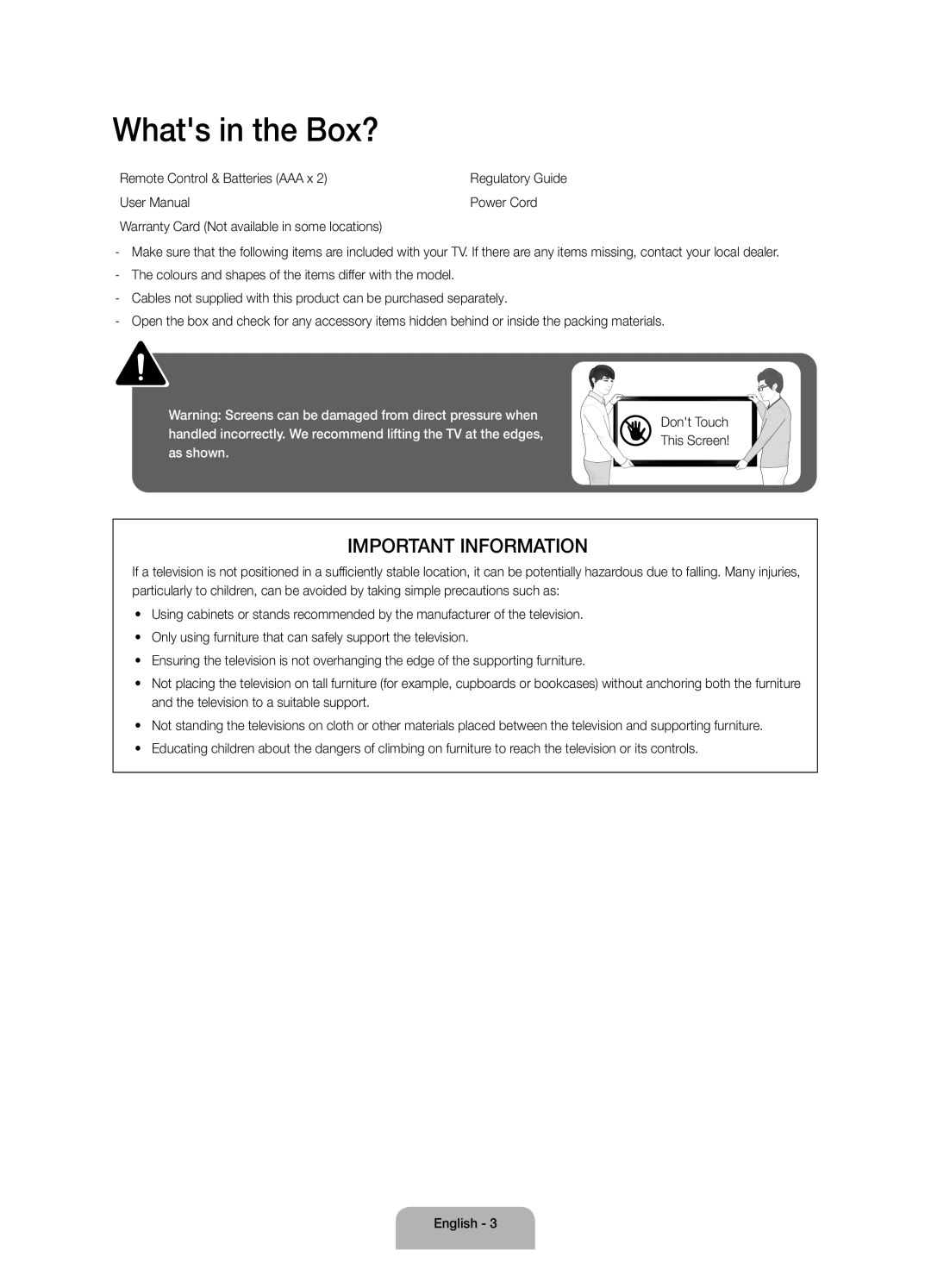 Samsung UA75JU6400KXXV, UA40JU6400KXXV, UA48JU6400KXXV, UA55JU6400KXXV manual Whats in the Box?, Important Information 