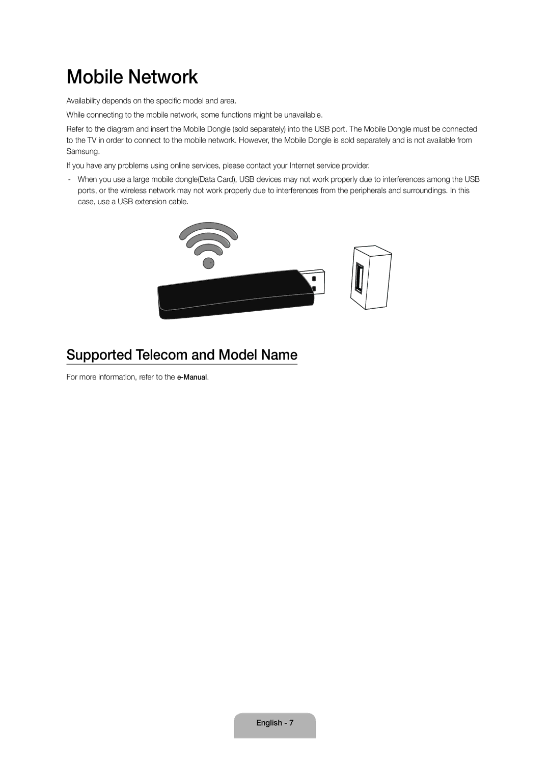 Samsung UA50JU6400KXSQ, UA40JU6400KXXV, UA48JU6400KXXV, UA55JU6400KXXV manual Mobile Network, Supported Telecom and Model Name 