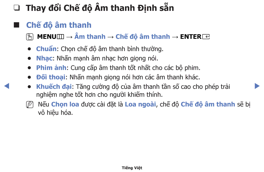 Samsung UA55K5100AKXXV Thay đổi Chế độ Âm thanh Định sẵn Chế độ âm thanh, OOMENUm → Âm thanh → Chế độ âm thanh → Entere 