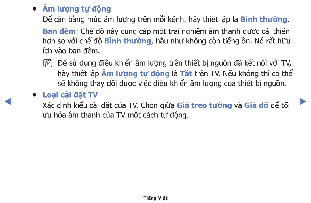 Samsung UA40K5100AKXXV, UA32K4100AKXXV, UA55K5100AKXXV, UA49K5100AKXXV, UA43K5100AKXXV Âm lượng tự đông, Loạ̣i cài đặt TV 