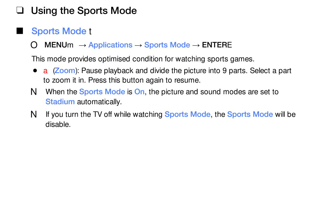 Samsung UA49K5100AKXXV manual Using the Sports Mode, Sports Mode t, OO MENUm → Applications → Sports Mode → Entere 