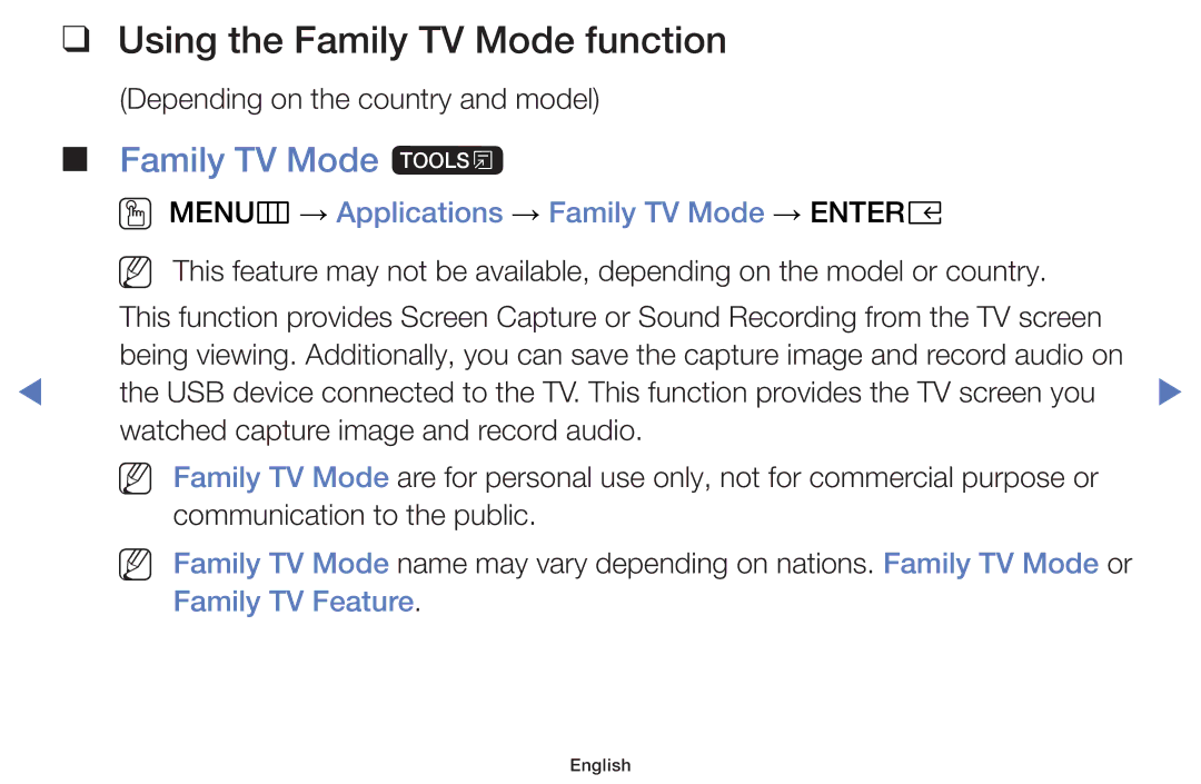 Samsung UA43K5100AKXXV, UA40K5100AKXXV, UA32K4100AKXXV, UA55K5100AKXXV Using the Family TV Mode function, Family TV Mode t 