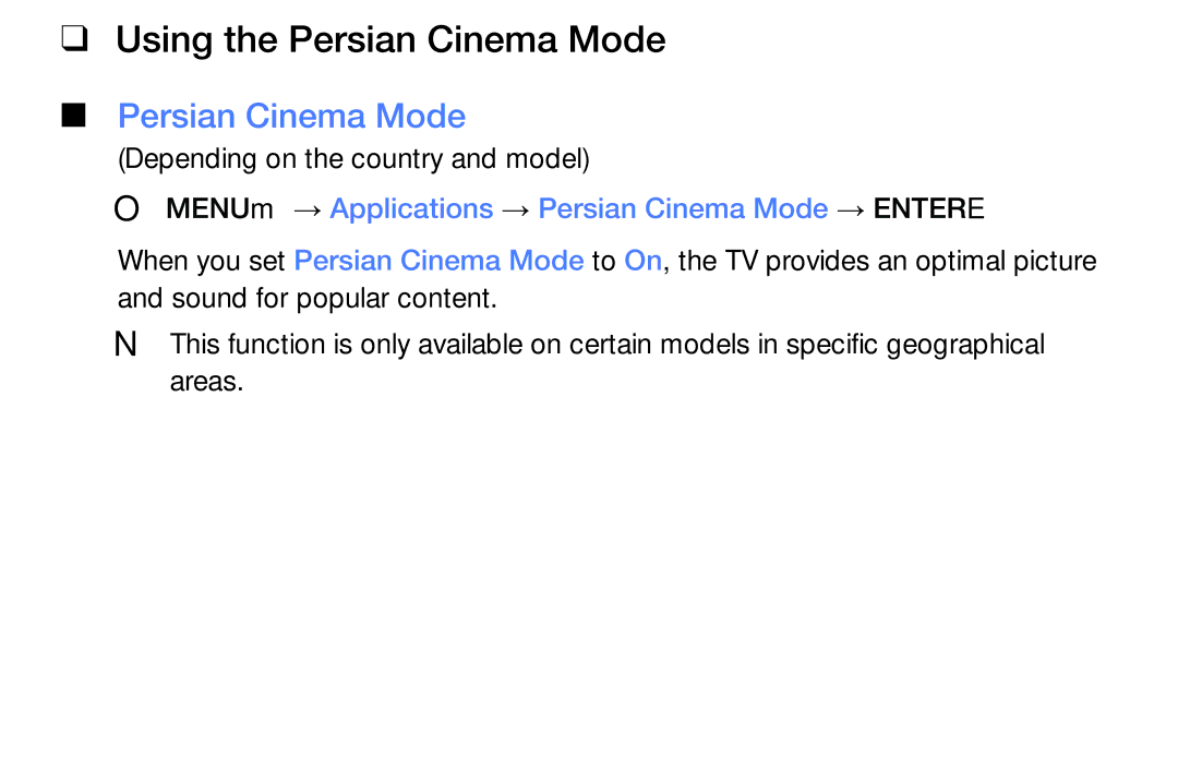 Samsung UA55K5100AKXXV manual Using the Persian Cinema Mode, OO MENUm → Applications → Persian Cinema Mode → Entere 