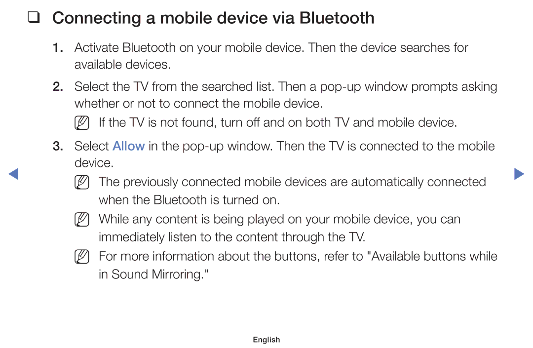 Samsung UA43K5100AKXXV, UA40K5100AKXXV, UA32K4100AKXXV, UA55K5100AKXXV manual Connecting a mobile device via Bluetooth 