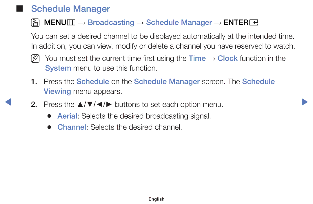 Samsung UA49K5100AKXXV, UA40K5100AKXXV, UA32K4100AKXXV manual OO MENUm → Broadcasting → Schedule Manager → Entere 