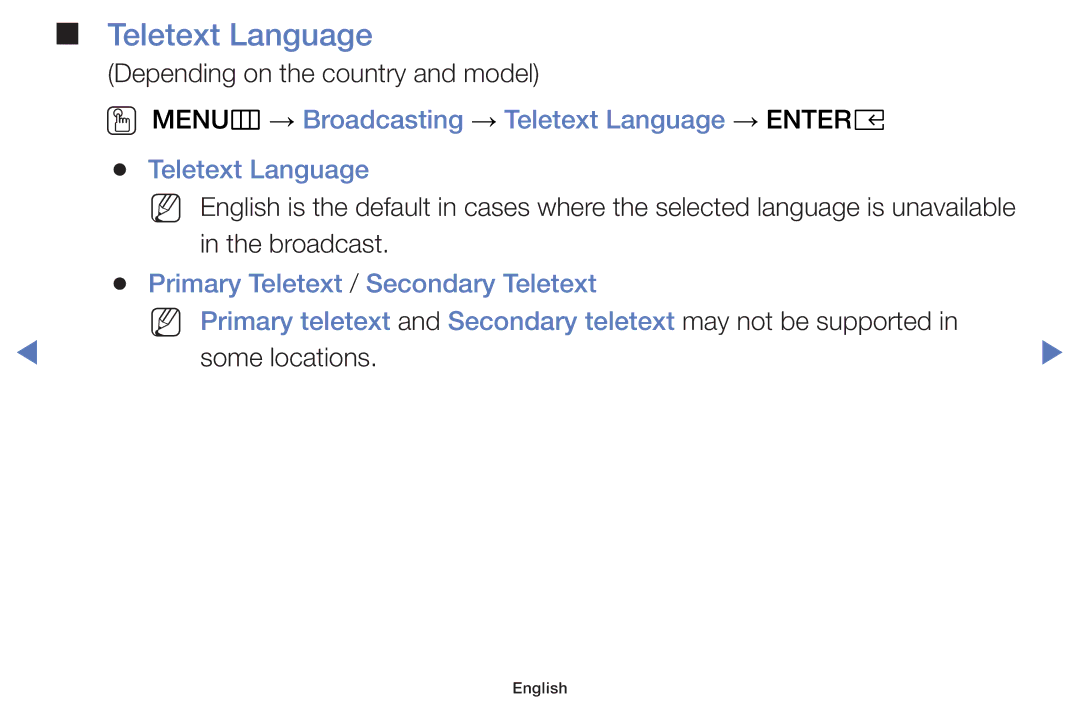 Samsung UA49K5100AKXXV, UA40K5100AKXXV, UA32K4100AKXXV manual OO MENUm → Broadcasting → Teletext Language → Entere 