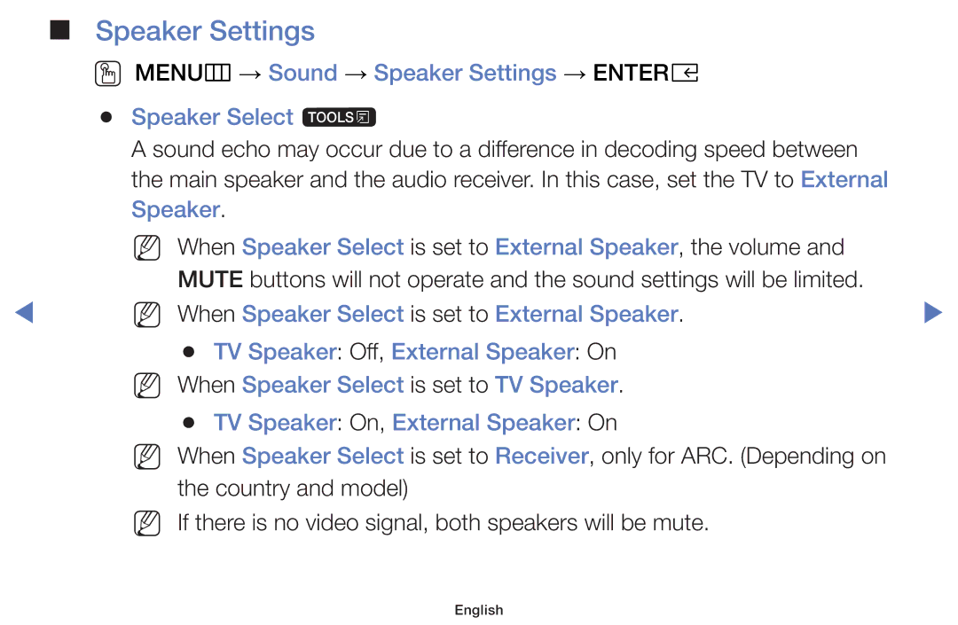 Samsung UA43K5100AKXXV, UA40K5100AKXXV, UA32K4100AKXXV, UA55K5100AKXXV, UA49K5100AKXXV manual Speaker Settings 