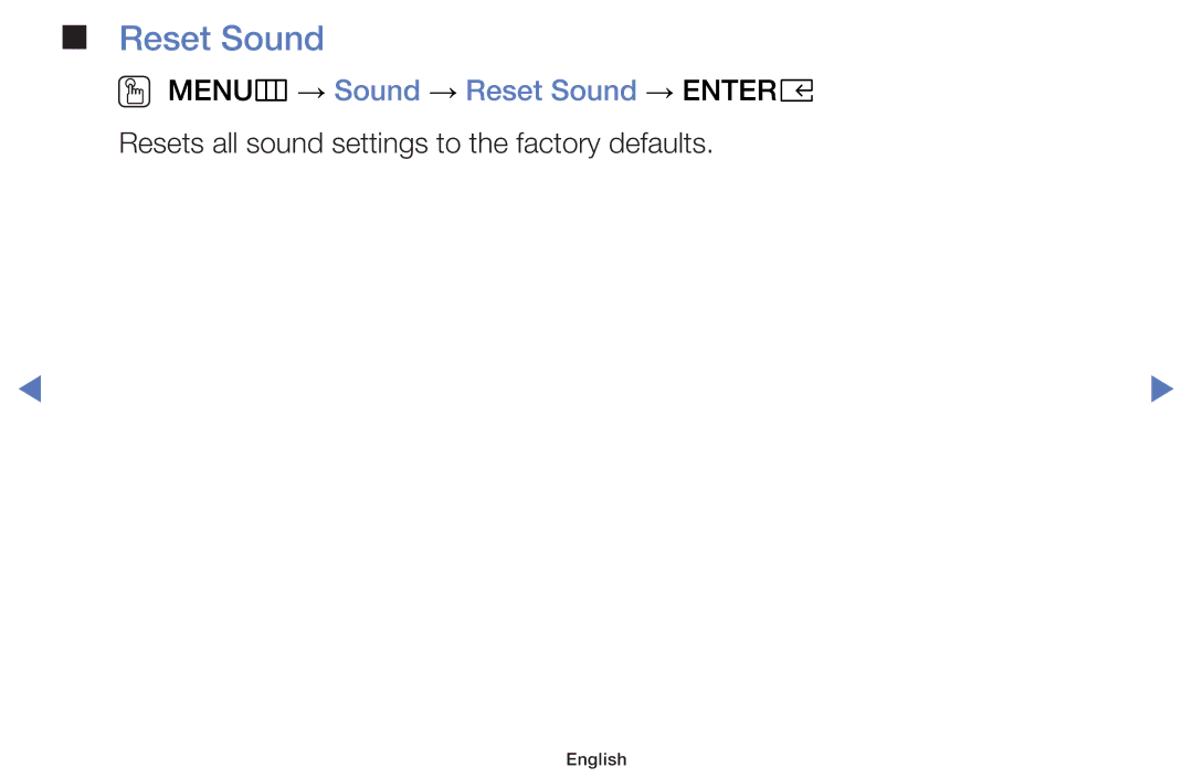 Samsung UA43K5100AKXXV, UA40K5100AKXXV, UA32K4100AKXXV, UA55K5100AKXXV manual OO MENUm → Sound → Reset Sound → Entere 