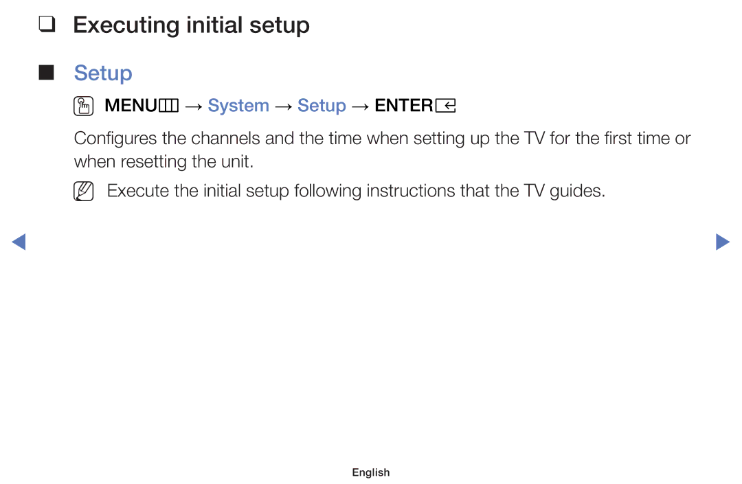 Samsung UA32K4100AKXXV, UA40K5100AKXXV, UA55K5100AKXXV, UA49K5100AKXXV, UA43K5100AKXXV manual Executing initial setup, Setup 