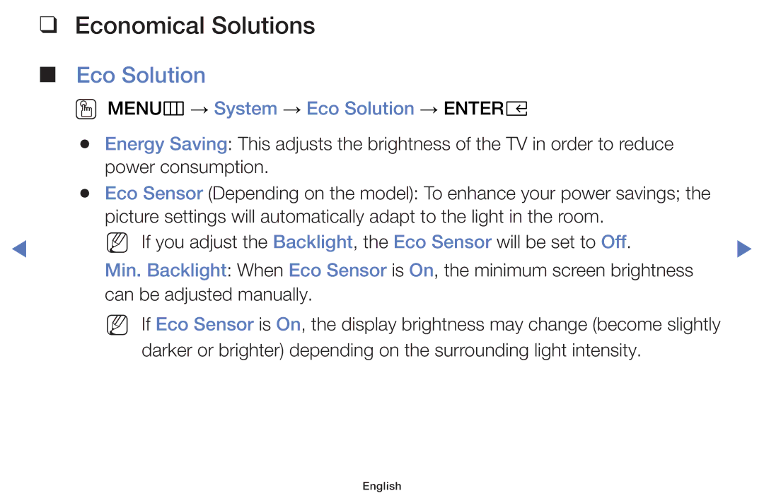 Samsung UA32K4100AKXXV, UA40K5100AKXXV, UA55K5100AKXXV Economical Solutions, OO MENUm → System → Eco Solution → Entere 