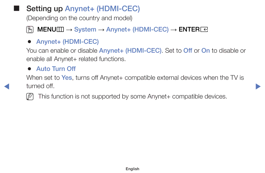 Samsung UA49K5100AKXXV manual Setting up Anynet+ HDMI-CEC, OO MENUm → System → Anynet+ HDMI-CEC → Entere, Auto Turn Off 