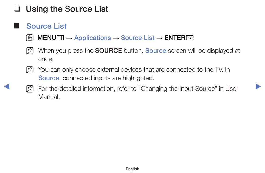 Samsung UA40K5100AKXXV, UA32K4100AKXXV manual Using the Source List, OO MENUm → Applications → Source List → Entere 