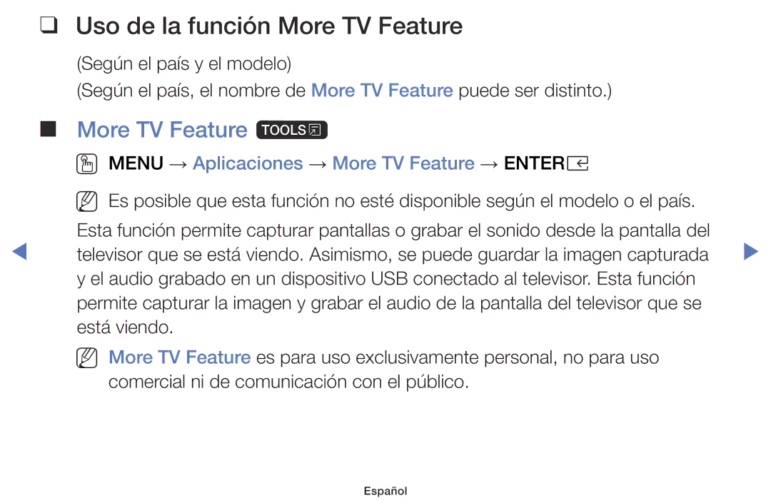 Samsung UA32K5100AWXMV, UA40K5100BWXMV, UA43K5100BWXMV manual Uso de la función More TV Feature, More TV Feature t 