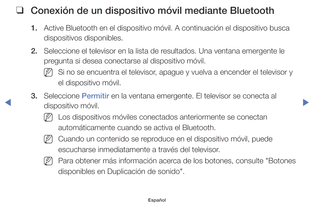 Samsung UA40K5100BWXMV, UA43K5100BWXMV, UA32K5100AWXMV manual Conexión de un dispositivo móvil mediante Bluetooth 