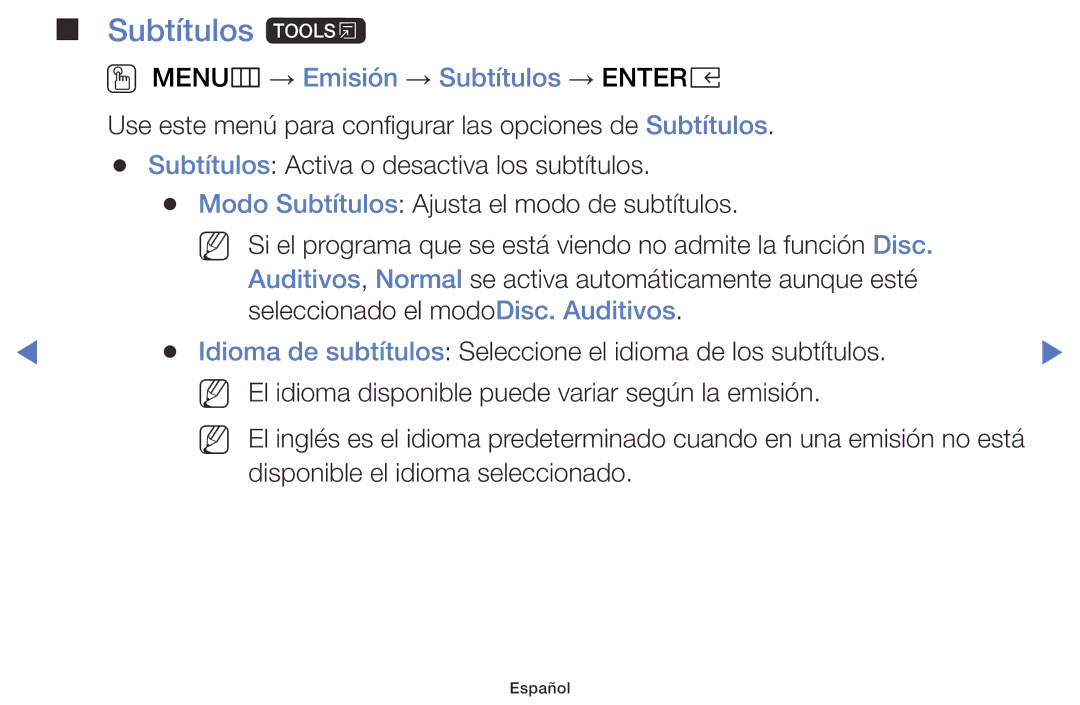 Samsung UA43K5100BWXMV, UA40K5100BWXMV, UA32K5100AWXMV manual Subtítulos t, OO MENUm → Emisión → Subtítulos → Entere 