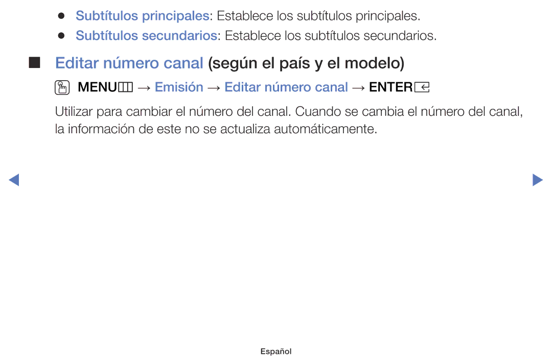 Samsung UA32K5100AWXMV Editar número canal según el país y el modelo, OO MENUm → Emisión → Editar número canal → Entere 