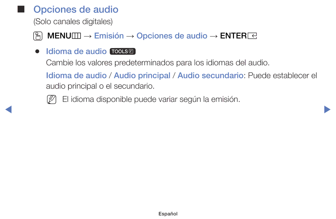 Samsung UA40K5100BWXMV, UA43K5100BWXMV, UA32K5100AWXMV manual Opciones de audio 