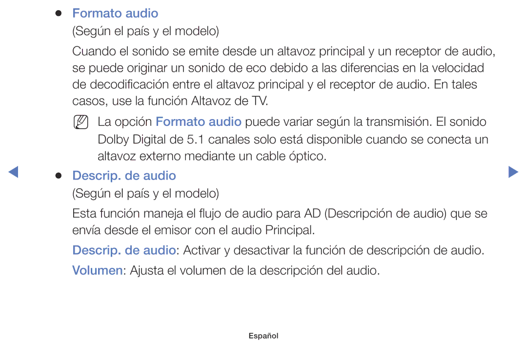 Samsung UA43K5100BWXMV, UA40K5100BWXMV, UA32K5100AWXMV manual Formato audio, Descrip. de audio 