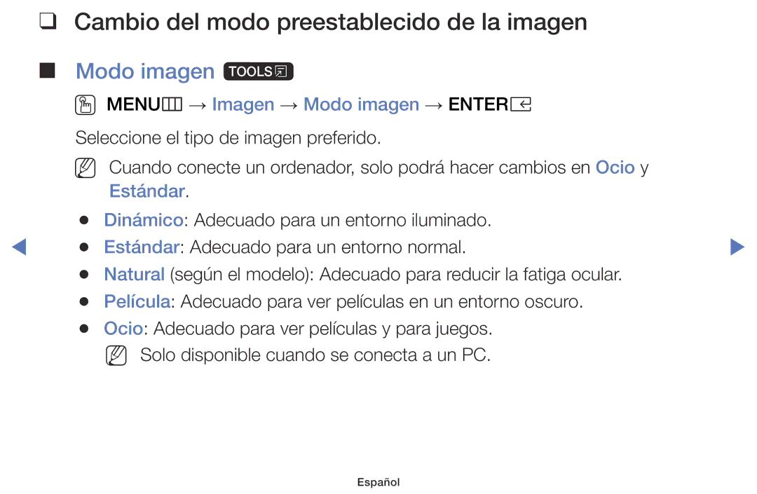 Samsung UA32K5100AWXMV Cambio del modo preestablecido de la imagen Modo imagen t, OO MENUm → Imagen → Modo imagen → Entere 