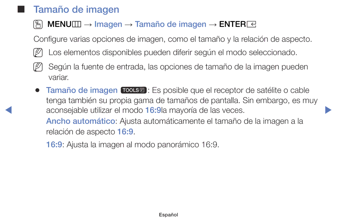 Samsung UA43K5100BWXMV, UA40K5100BWXMV, UA32K5100AWXMV manual OO MENUm → Imagen → Tamaño de imagen → Entere 