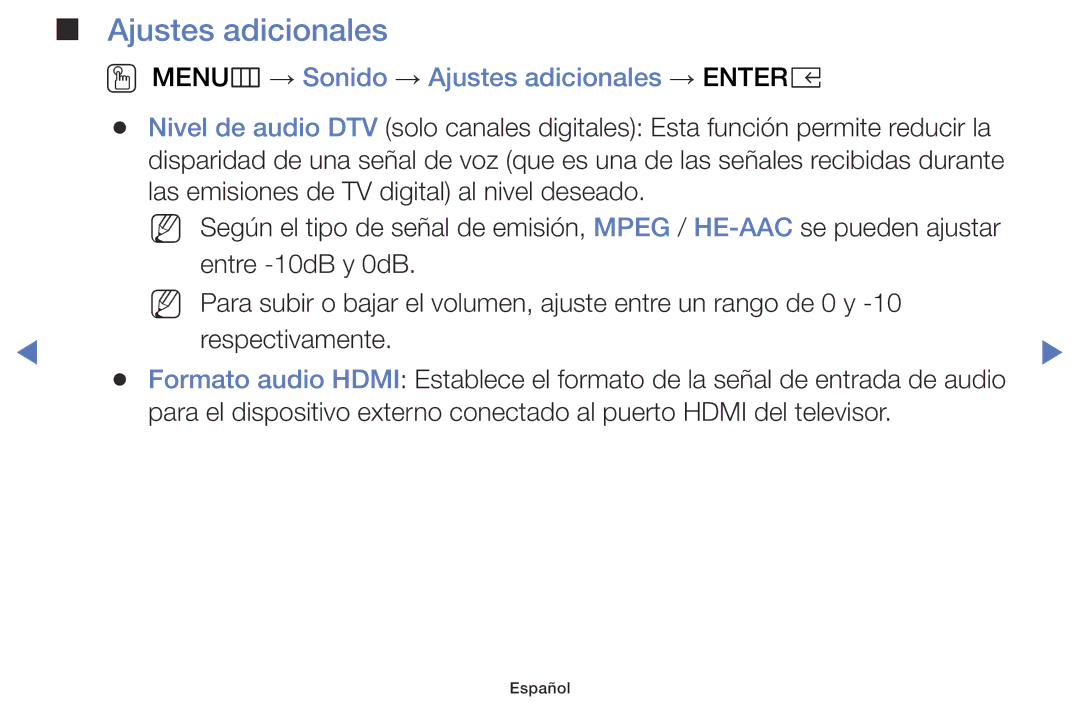 Samsung UA32K5100AWXMV, UA40K5100BWXMV, UA43K5100BWXMV manual OO MENUm → Sonido → Ajustes adicionales → Entere 