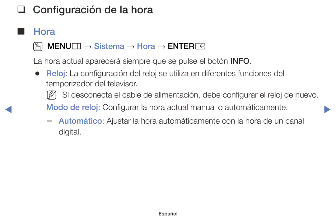 Samsung UA43K5100BWXMV, UA40K5100BWXMV, UA32K5100AWXMV manual Configuración de la hora, Hora 