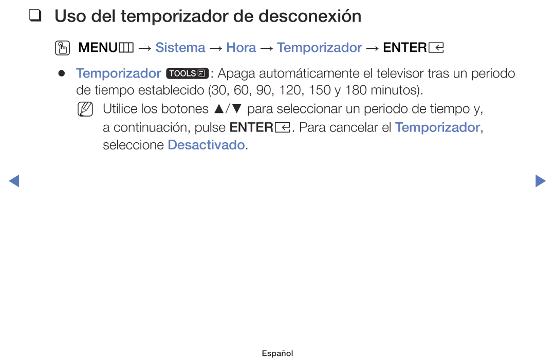 Samsung UA43K5100BWXMV manual Uso del temporizador de desconexión, OO MENUm → Sistema → Hora → Temporizador → Entere 
