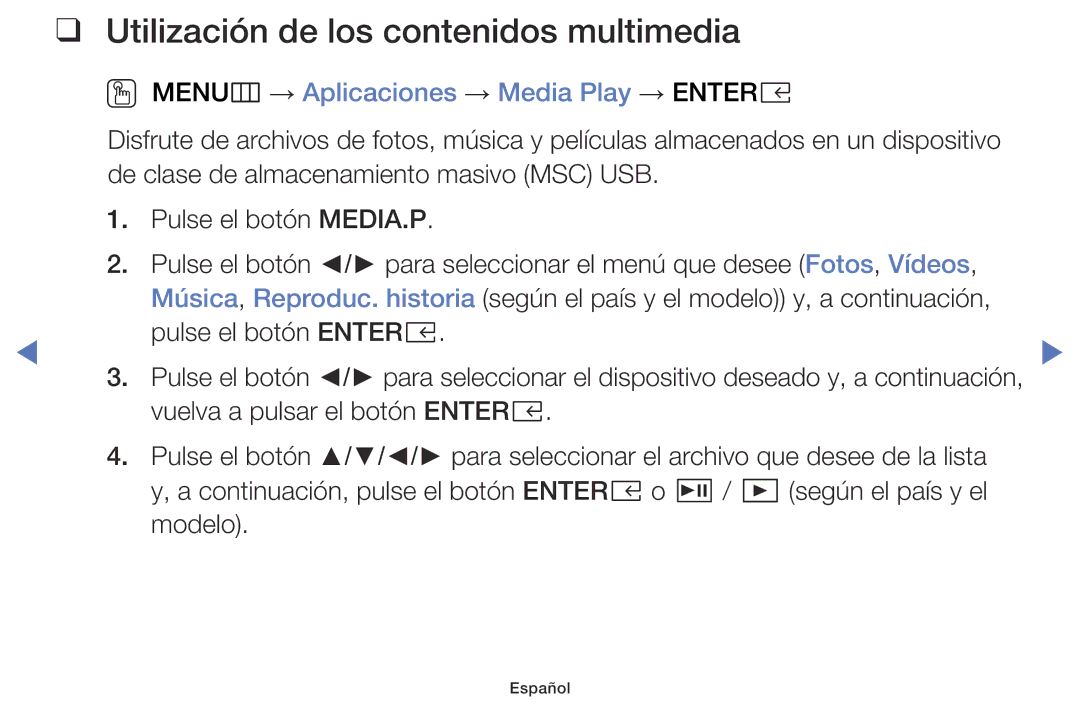 Samsung UA43K5100BWXMV manual Utilización de los contenidos multimedia, OO MENUm → Aplicaciones → Media Play → Entere 