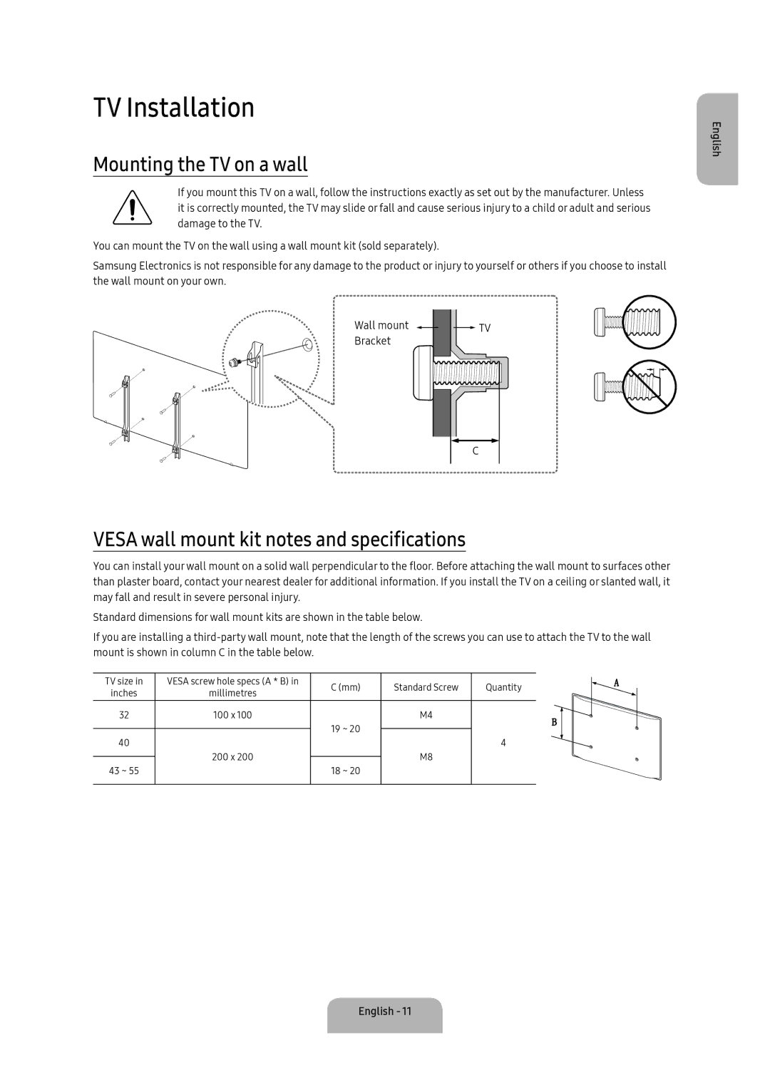 Samsung UA40K5300BKXSK manual TV Installation, Mounting the TV on a wall, Vesa wall mount kit notes and specifications 