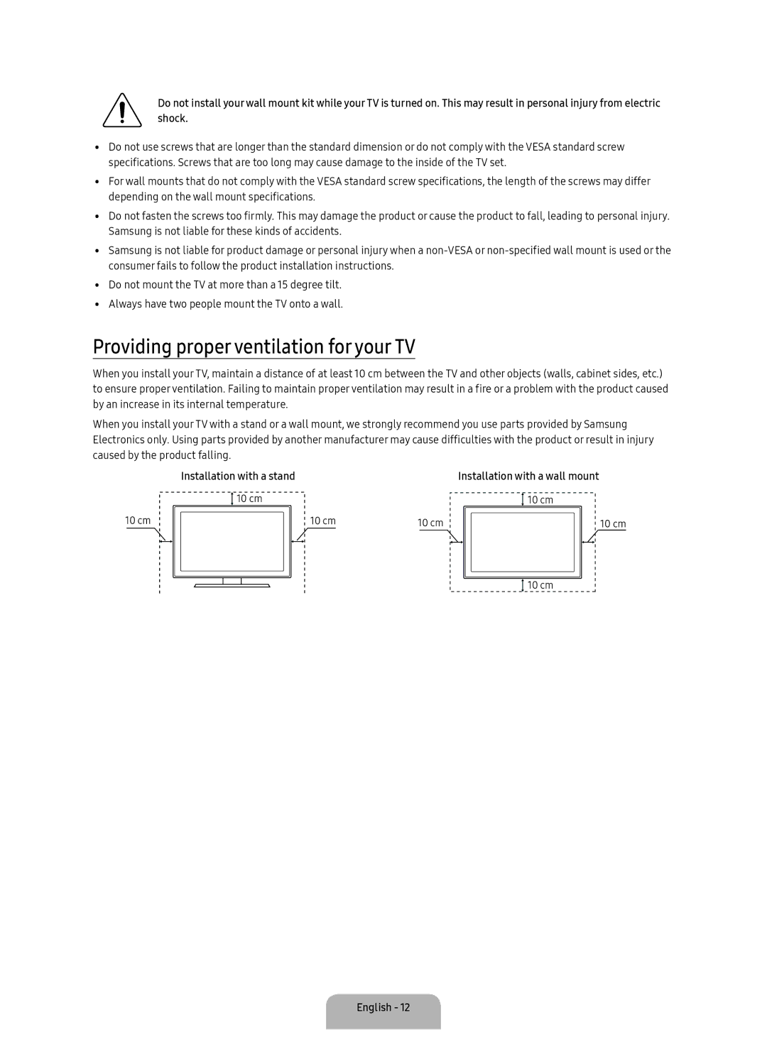 Samsung UA40K5300AKXSK, UA40K5300BKXSK manual Providing proper ventilation for your TV, Installation with a stand 