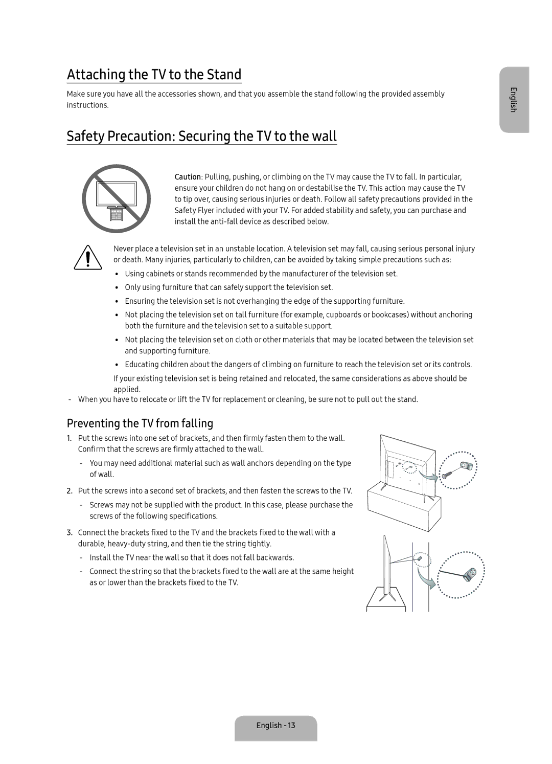 Samsung UA40K5300BKXSK, UA40K5300AKXSK manual Attaching the TV to the Stand, Safety Precaution Securing the TV to the wall 