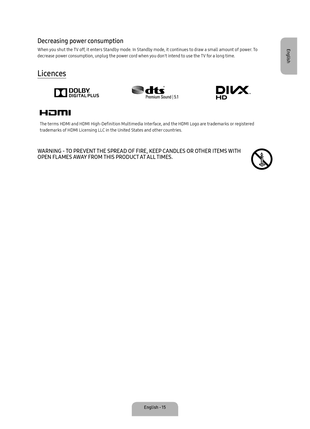 Samsung UA40K5300BKXSK, UA40K5300AKXSK manual Licences, Decreasing power consumption 